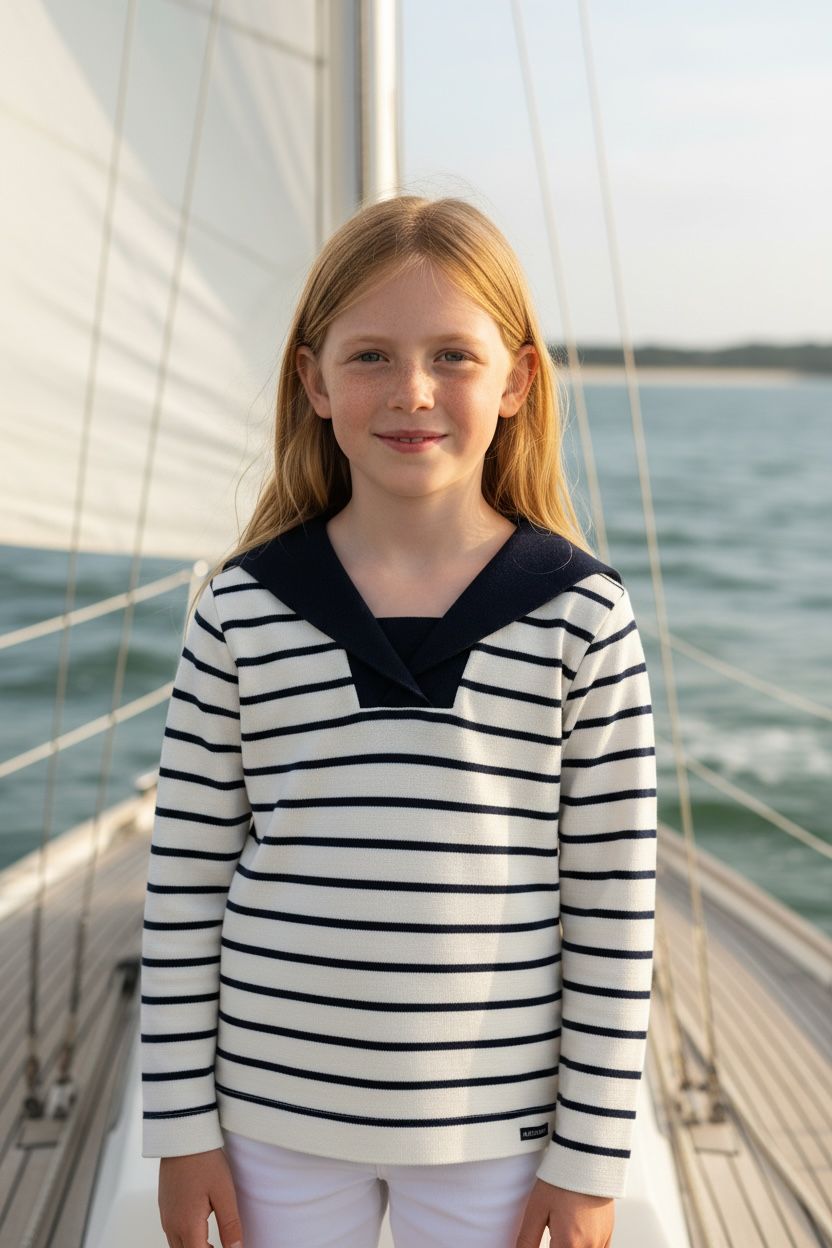 Pull vareuse enfant Petit Matelot écru marine à rayures avec col polo