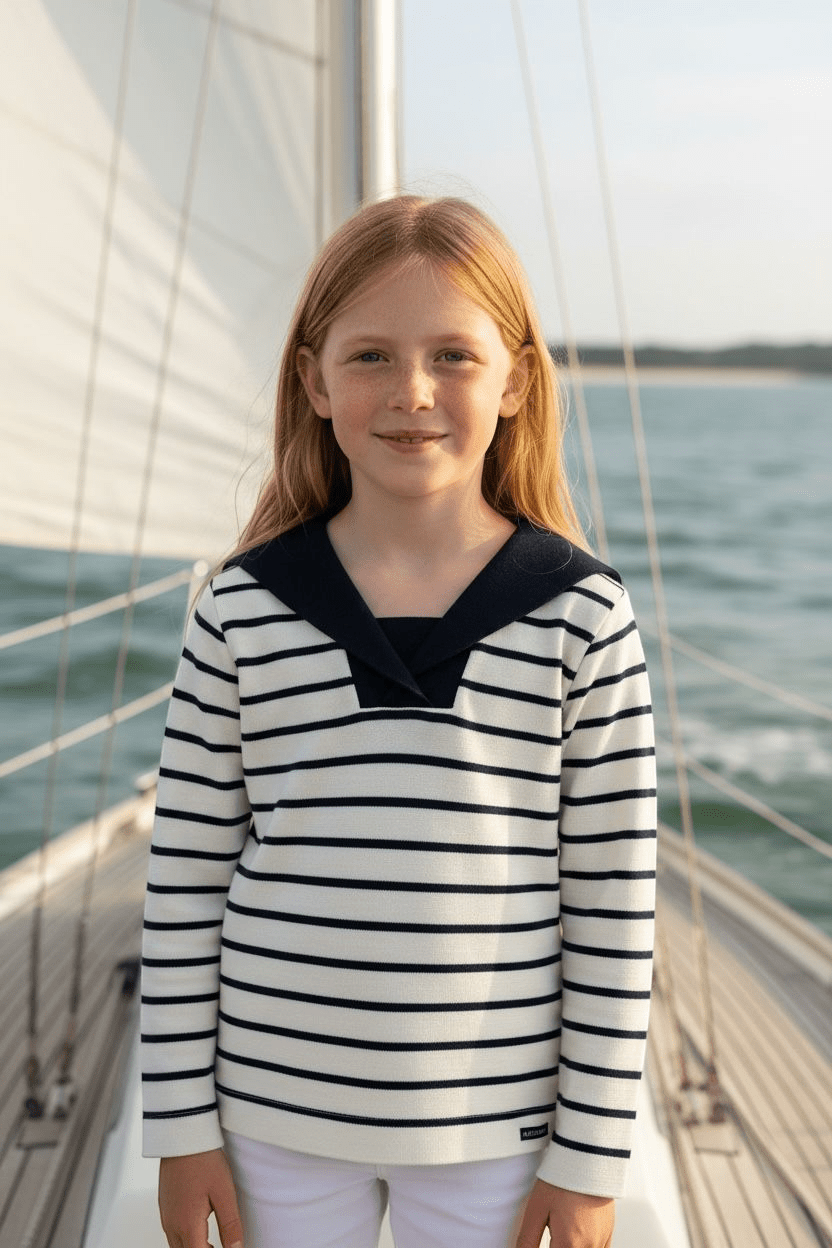 Pull vareuse enfant Petit Matelot écru marine à rayures avec col polo