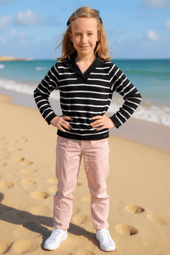 Pull vareuse enfant Petit Matelot marine écru à rayures avec col polo