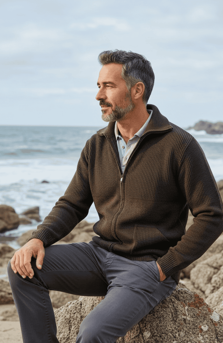 Veste zippée "Cambridge" marron, 100% laine vierge, vue assis - Baie des Caps