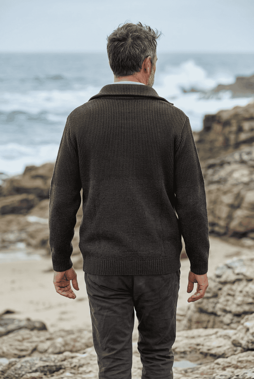 Veste zippée "Cambridge" marron 100% laine vierge - Vue de dos Baie des Caps